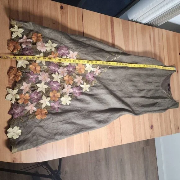 Green Floral Emboirdered Midi Dress Fairy Goblincore Whimsical Artsy Sleeveles S - Picture 8 of 12